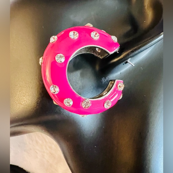 New Zara Statement Enamel in Bright Pink Hoops/Huggies with Silver Rhinestones - Picture 9 of 9